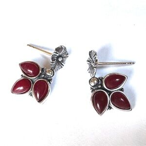 NEW CAROLYN POLLACK Earrings Dark Red Gemstone Flower Drop Sterling NEW AW BOX